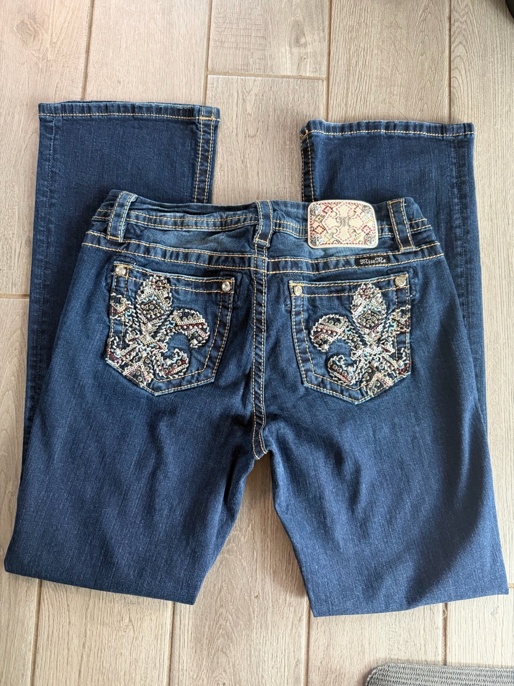 Miss Me Dark Blue Boot Cut Jeans with Embellished Fleur-de-Lis Pockets